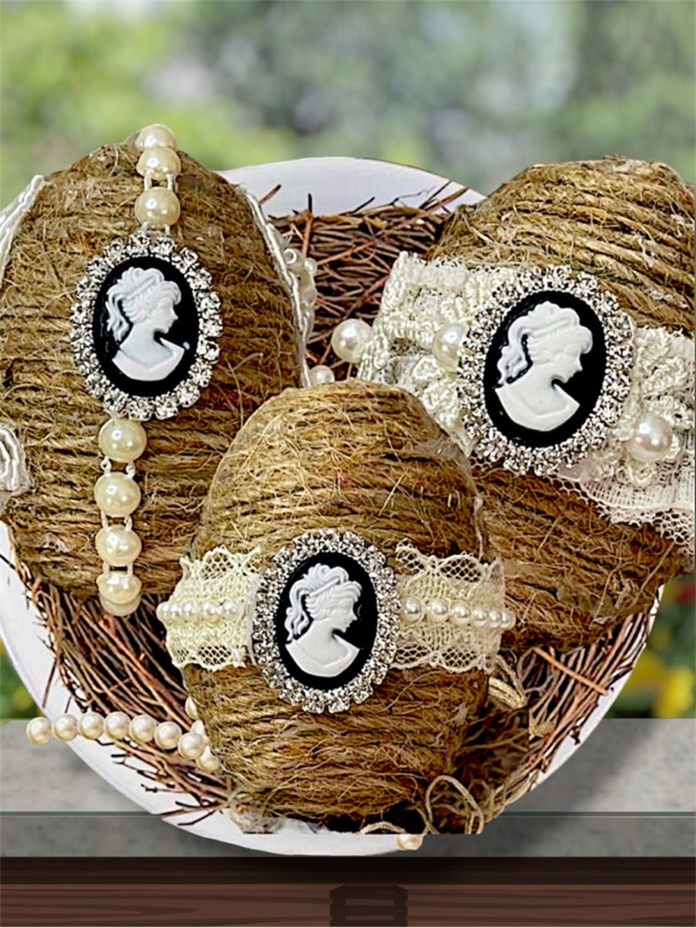 Shabby Chic Cameo INSPIRED Jute Easter Eggs Set 3